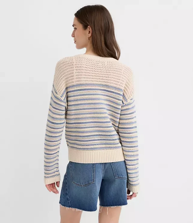 Striped Mesh Stitch Tie Neck Sweater
