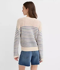 Striped Mesh Stitch Tie Neck Sweater