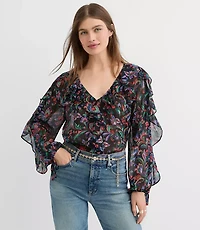 Petite Floral Ruffle Tie Cuff Blouse