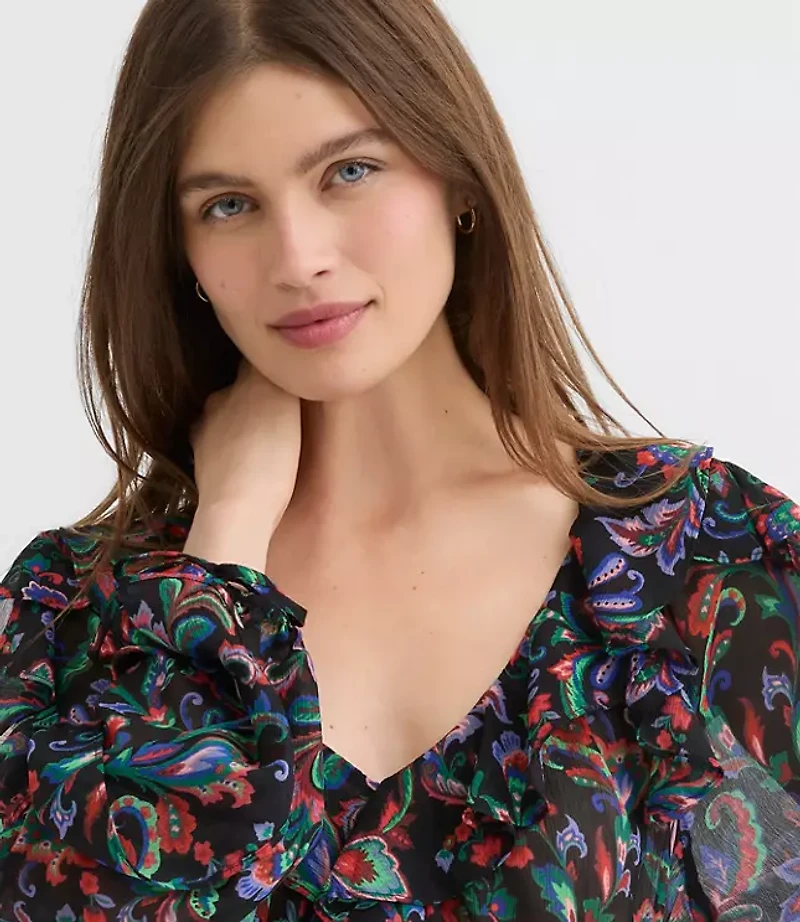 Petite Floral Ruffle Tie Cuff Blouse