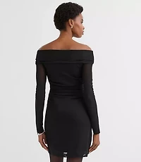 Petite Mesh Ruched Off The Shoulder Mini Dress