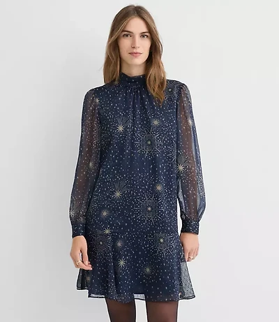 Petite Shimmer Stripe Tie Neck Mini Flounce Dress