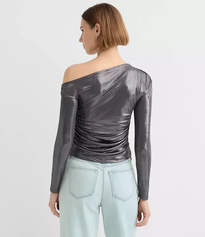 Petite Metallic Asymmetrical Ruched Off The Shoulder Top