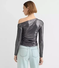 Petite Metallic Asymmetrical Ruched Off The Shoulder Top