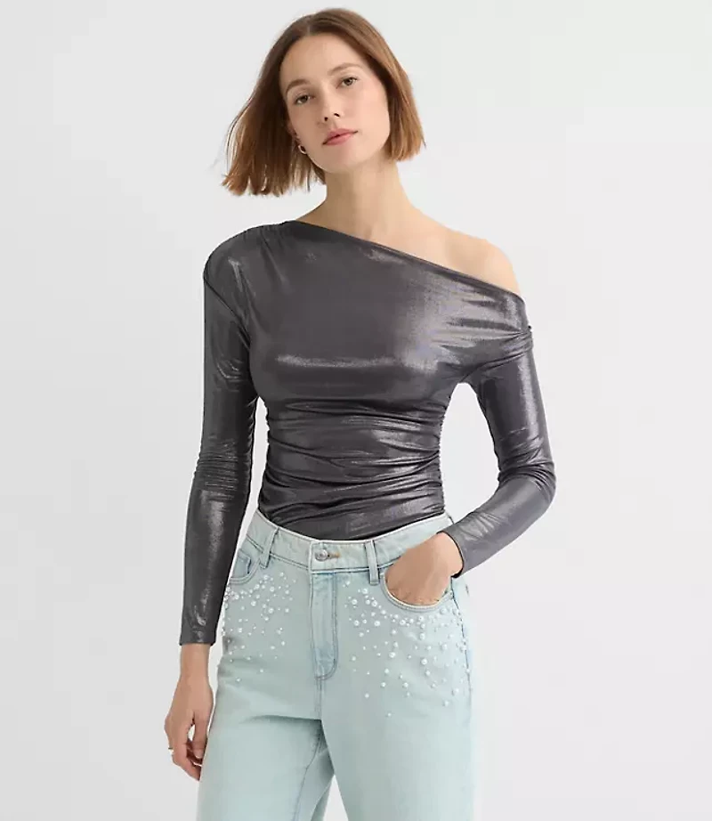 Petite Metallic Asymmetrical Ruched Off The Shoulder Top