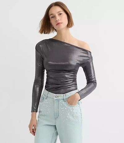 Petite Metallic Asymmetrical Ruched Off The Shoulder Top