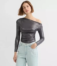 Petite Metallic Asymmetrical Ruched Off The Shoulder Top
