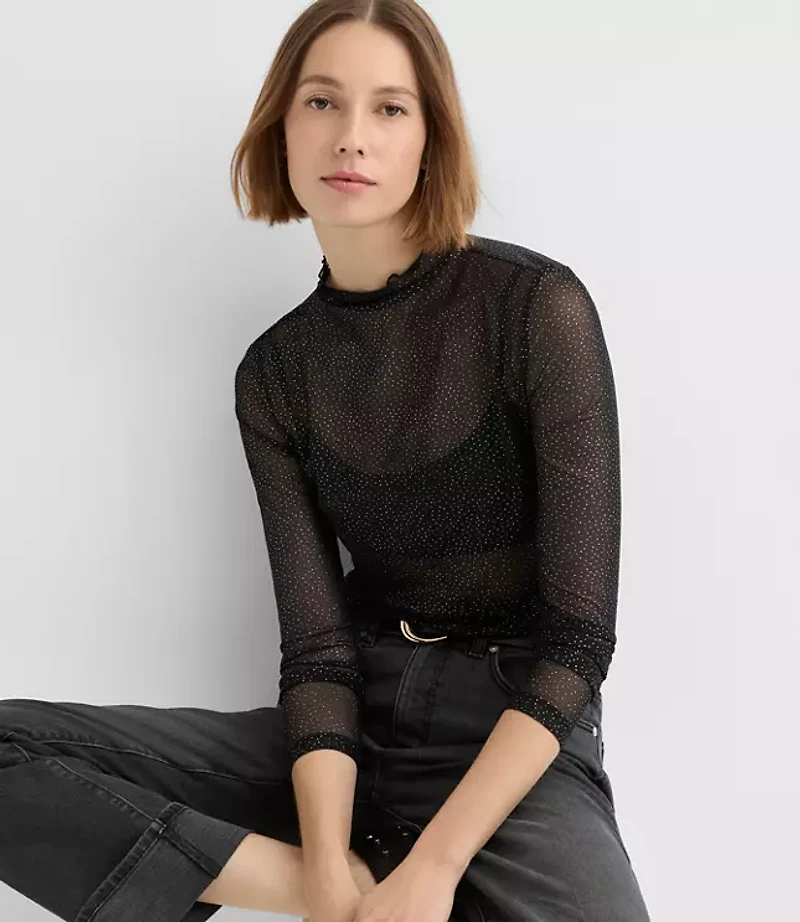Petite Shimmer Dotted Mesh Ruffle Neck Top