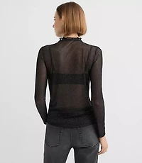 Petite Shimmer Dotted Mesh Ruffle Neck Top