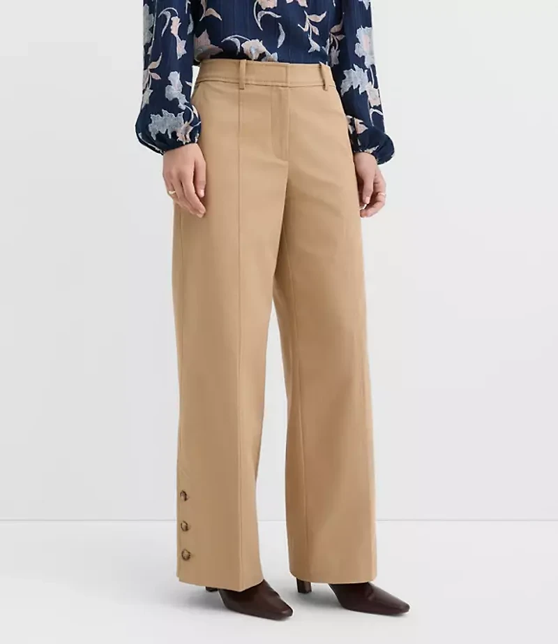Petite Side Button Wide Leg Pants Twill