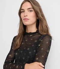 Petite Shimmer Celestial Mesh Ruffle Neck Top