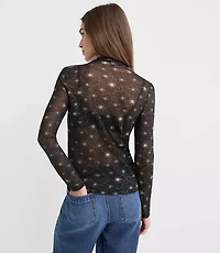 Petite Shimmer Celestial Mesh Ruffle Neck Top