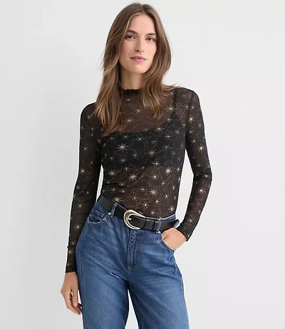 Petite Shimmer Celestial Mesh Ruffle Neck Top