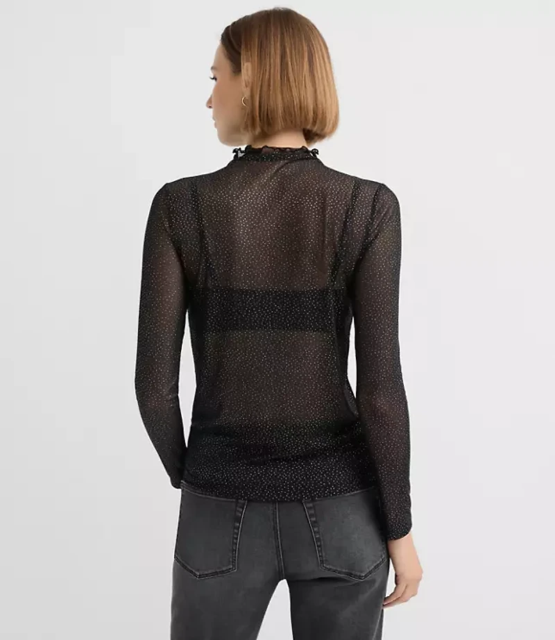 Shimmer Dotted Mesh Ruffle Neck Top