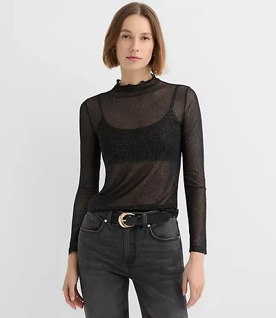 Shimmer Dotted Mesh Ruffle Neck Top