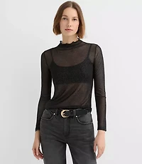 Shimmer Dotted Mesh Ruffle Neck Top