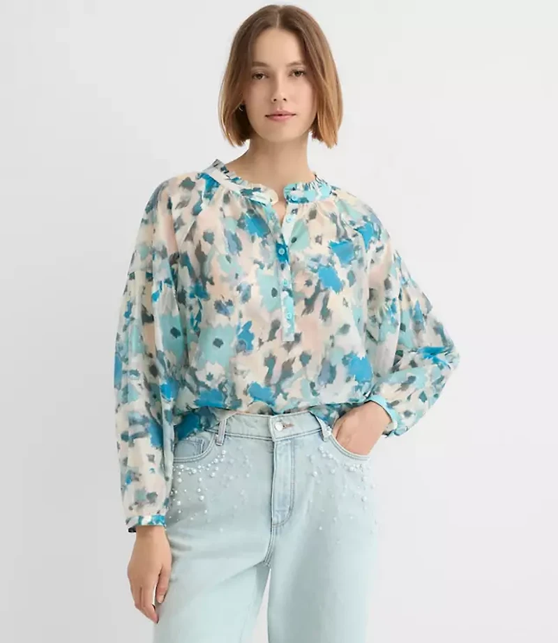 Floral Draped Sleeve Henley Blouse