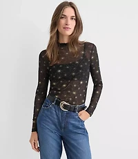 Shimmer Celestial Mesh Ruffle Neck Top