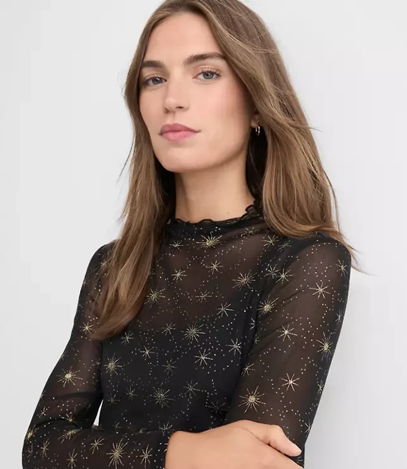 Shimmer Celestial Mesh Ruffle Neck Top