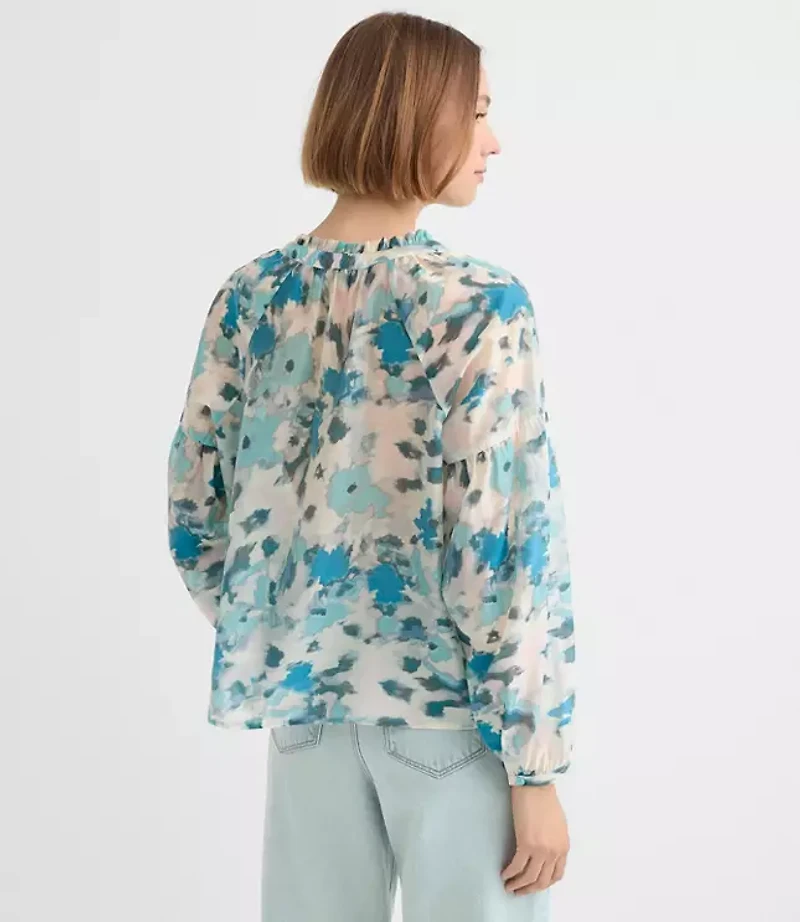 Petite Floral Draped Sleeve Henley Blouse