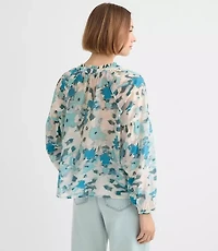 Petite Floral Draped Sleeve Henley Blouse