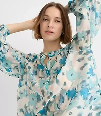 Petite Floral Draped Sleeve Henley Blouse