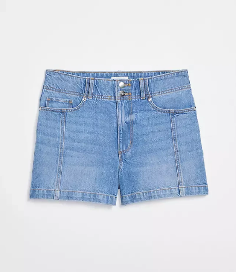 Rivete Curvy Seamed High Rise Denim Shorts Mid Wash