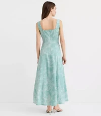 Floral Toile Linen Cotton Seamed Midi Pocket Dress