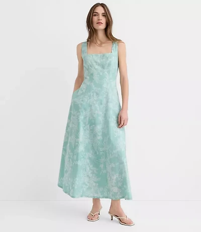Floral Toile Linen Cotton Seamed Midi Pocket Dress