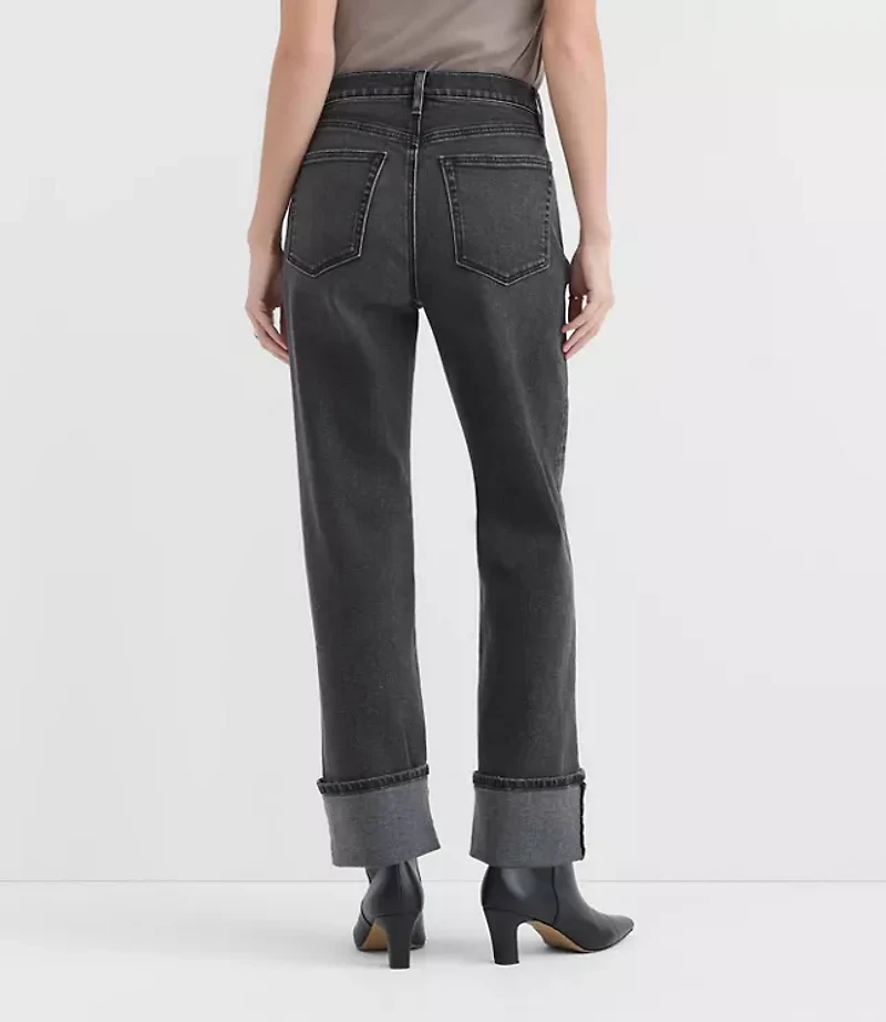 Rivete Petite Curvy Cuffed High Rise Straight Jeans Noir Wash
