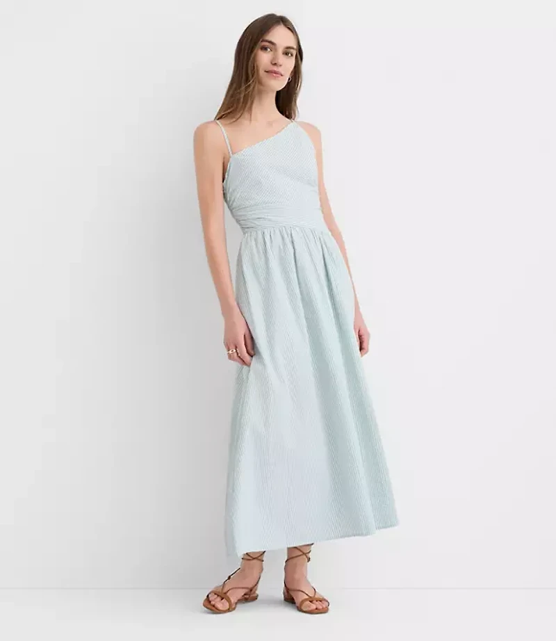 Stripe Asymmetrical Ruched Midi Dress