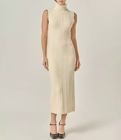 English Factory Cable Knit Mock Neck Midi Dress