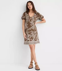 Floral Toile Linen Blend Puff Sleeve Mini Dress