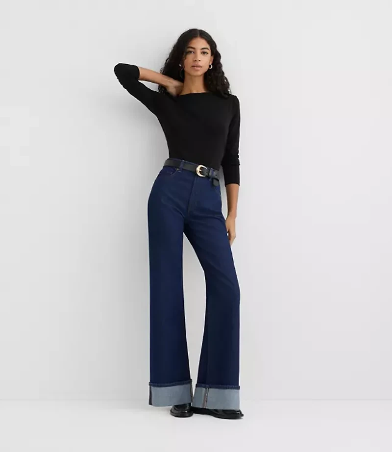 Rivete Petite Cuffed High Rise Wide Leg Jeans Nova Wash