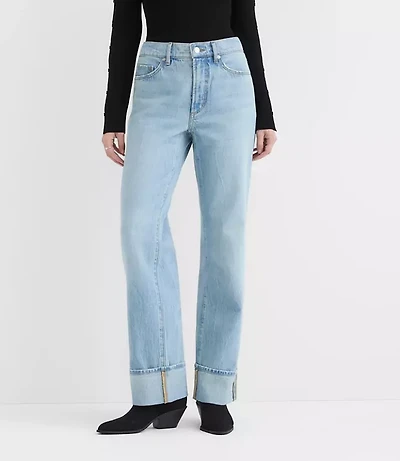 Rivete Curvy Cuffed Mid Rise Relaxed Straight Jeans Light Wash Indigo