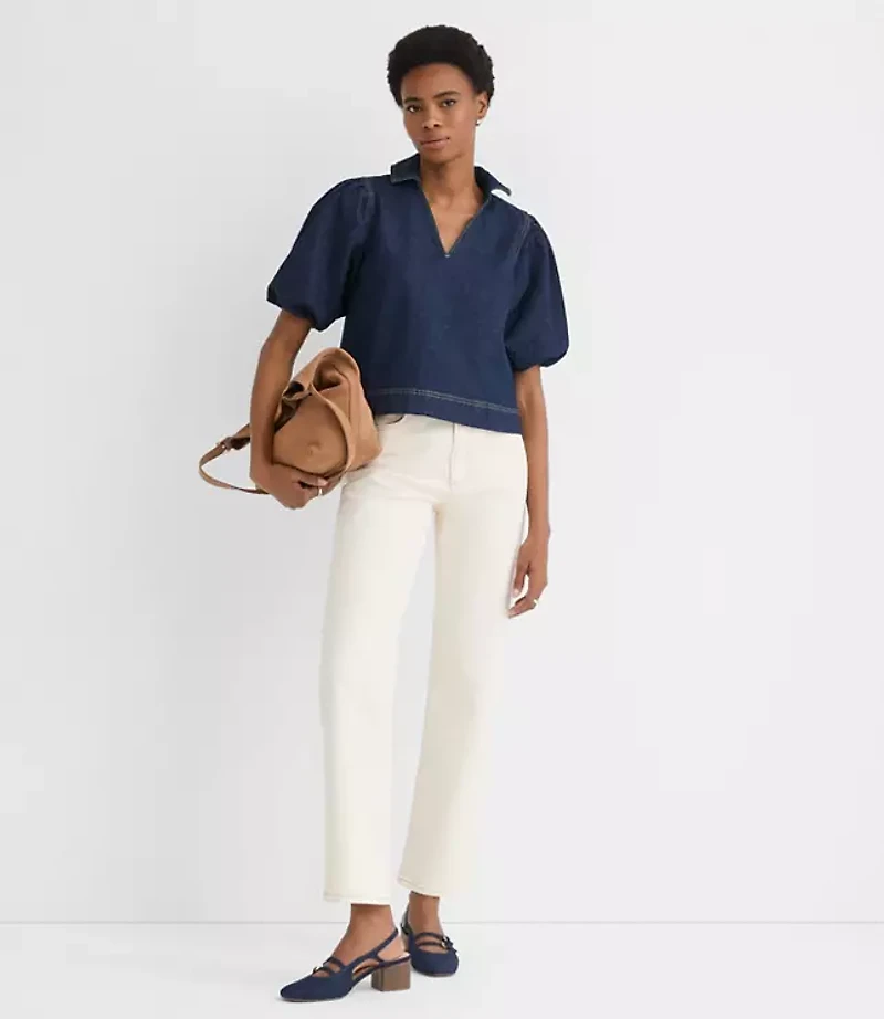 Petite Denim Puff Sleeve Top