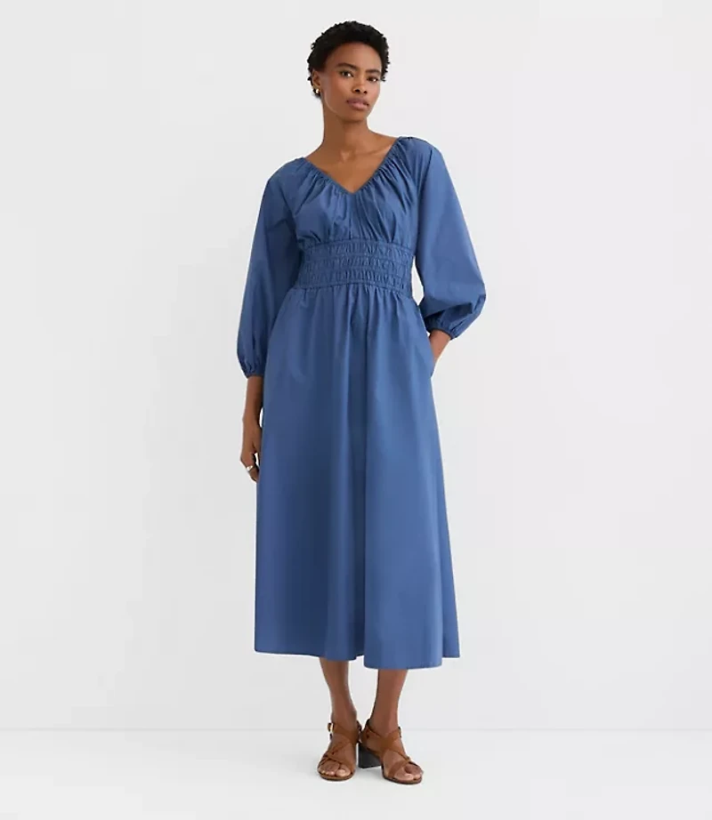 Poplin Smocked Midi Pocket Dress