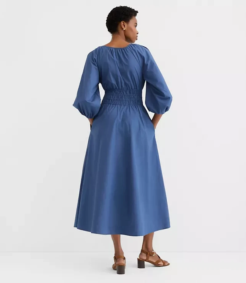 Poplin Smocked Midi Pocket Dress