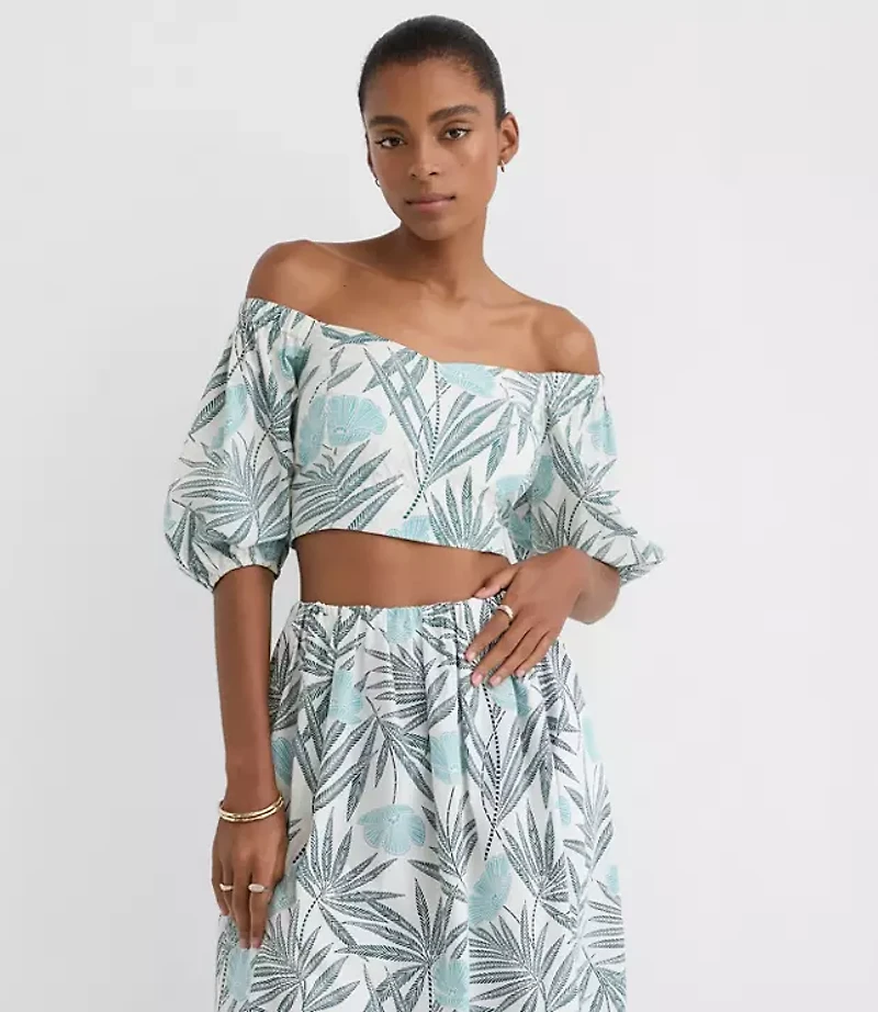 Petite LOFT Beach Palm Poplin Puff Sleeve Crop Top