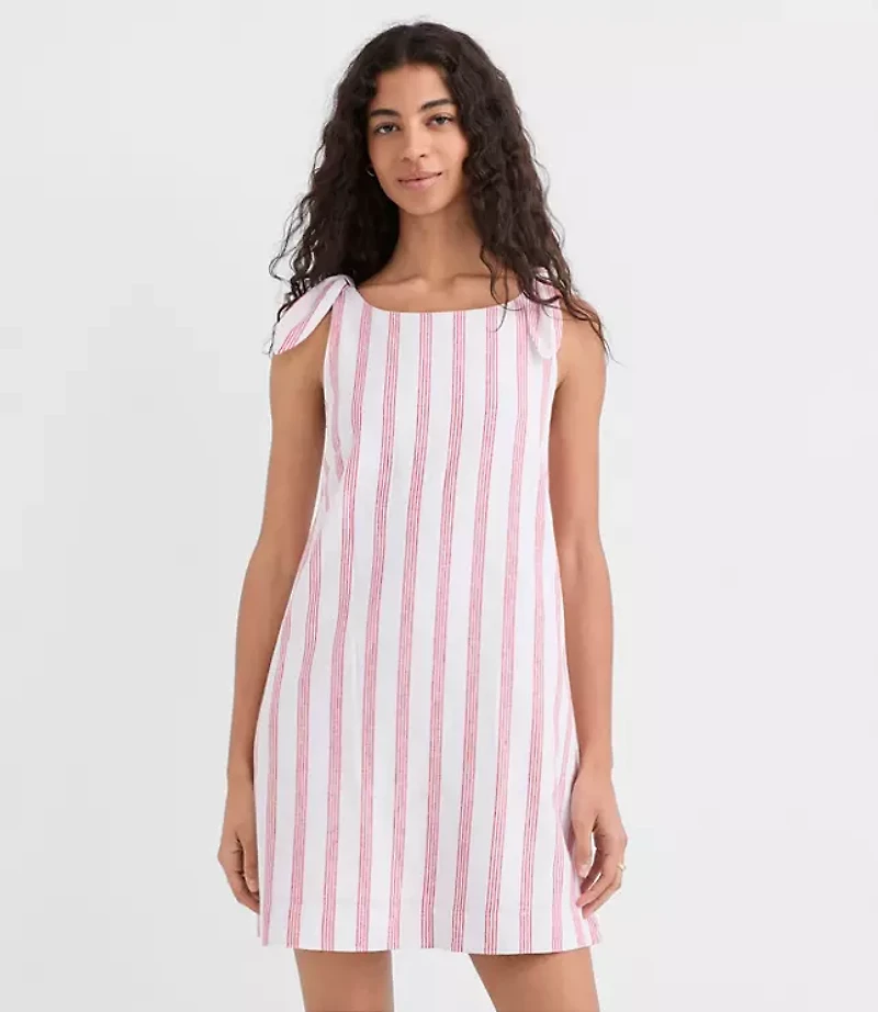 Striped Linen Cotton Tie Boatneck Mini Dress