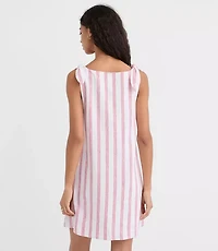 Striped Linen Cotton Tie Boatneck Mini Dress