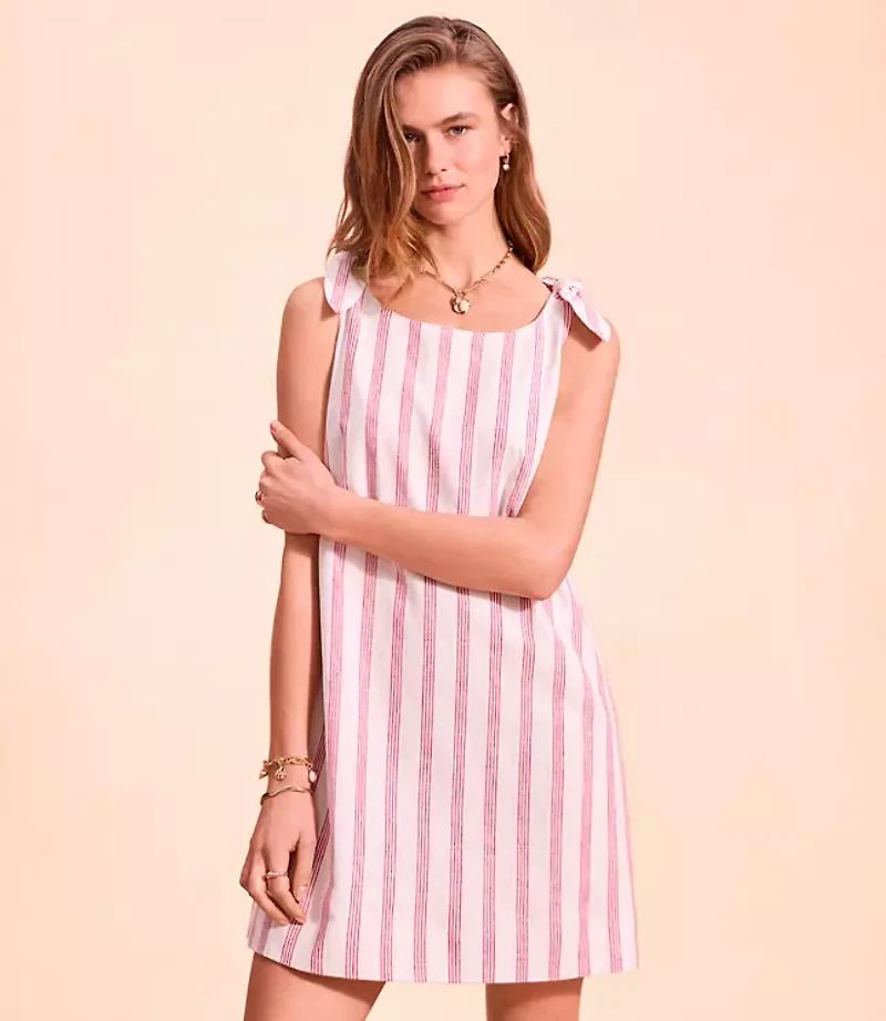 Striped Linen Cotton Tie Boatneck Mini Dress