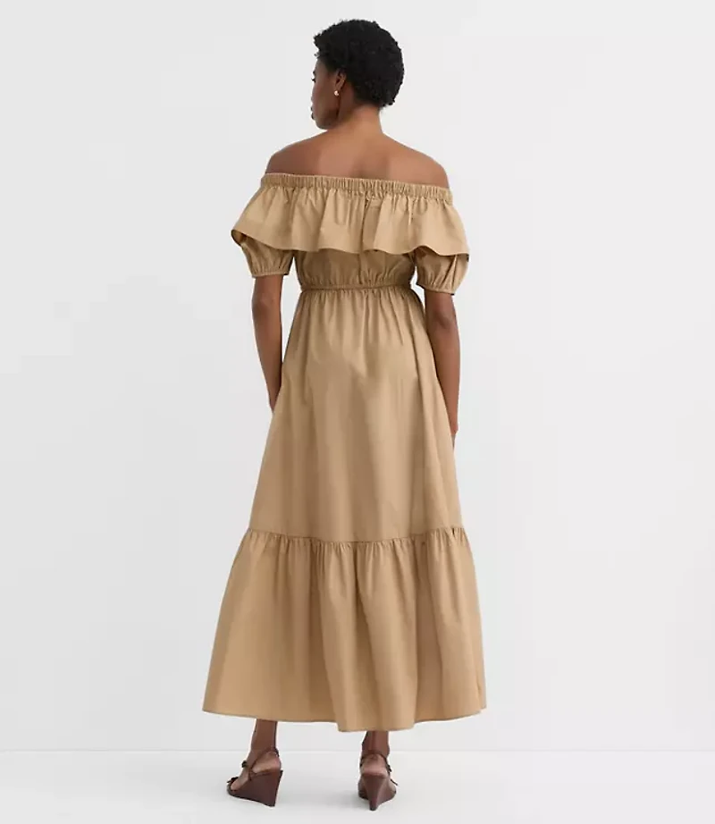 Petite Poplin Ruffle Off The Shoulder Maxi Pocket Dress