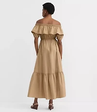 Petite Poplin Ruffle Off The Shoulder Maxi Pocket Dress