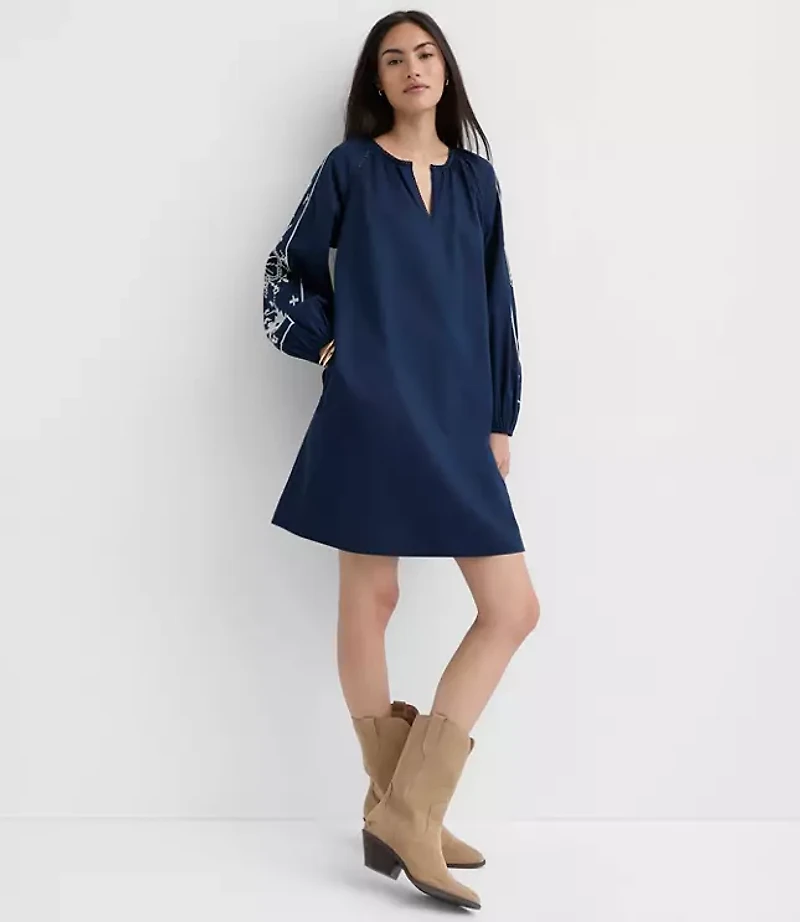 Petite Floral Embroidered Split Neck Mini Pocket Dress