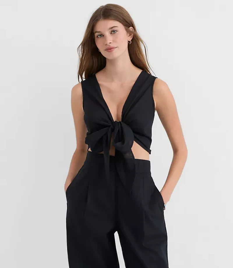 Petite LOFT Beach Linen Cotton Tie Front Top