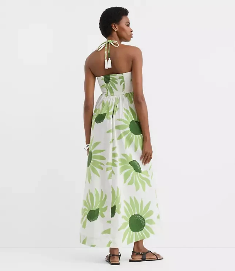 Petite LOFT Beach Floral Linen Cotton Halter Maxi Pocket Dress