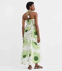 Petite LOFT Beach Floral Linen Cotton Halter Maxi Pocket Dress