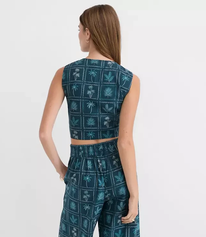 Petite LOFT Beach Palm Linen Cotton Tie Front Top