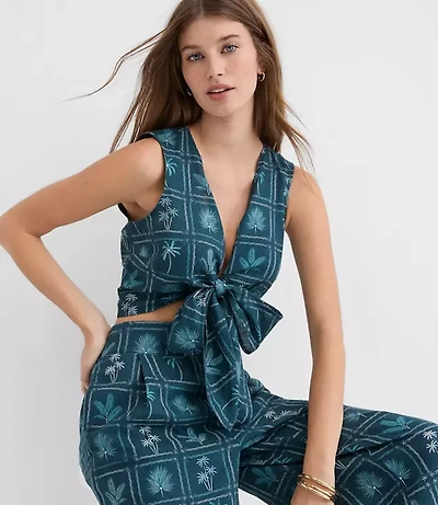 Petite LOFT Beach Palm Linen Cotton Tie Front Top